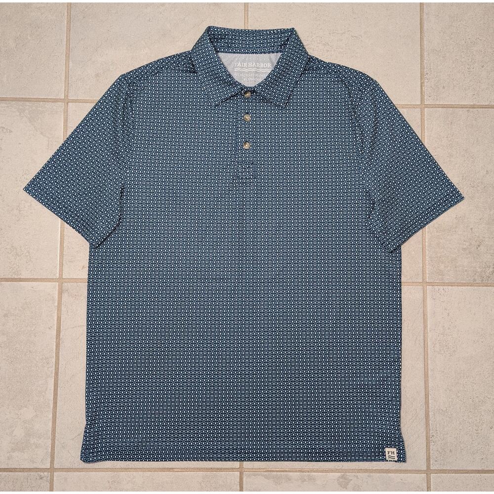 Fair Harbor Men's Small Performance Polo Shirt Blue Geometric Print Short Sleeve
